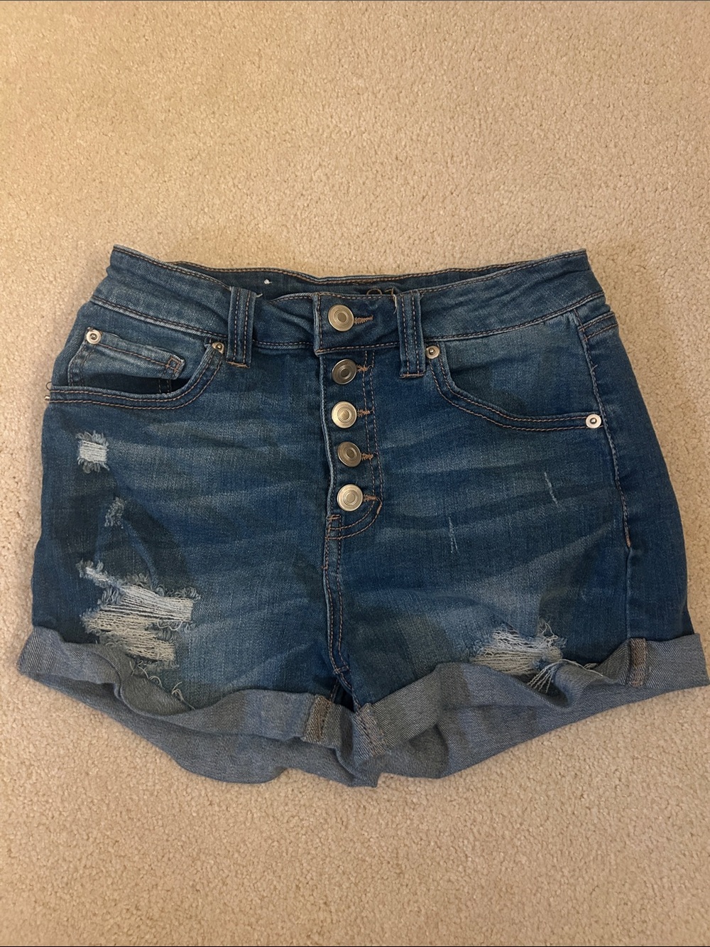 Rue21 Dark Blue Distressed Button-Fly Jean Shorts